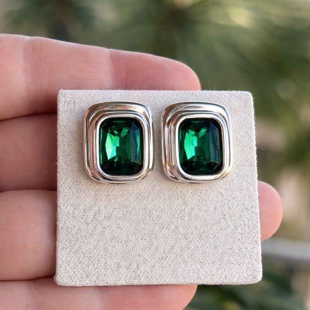 Rectangular Stud Earrings with Green Crystals